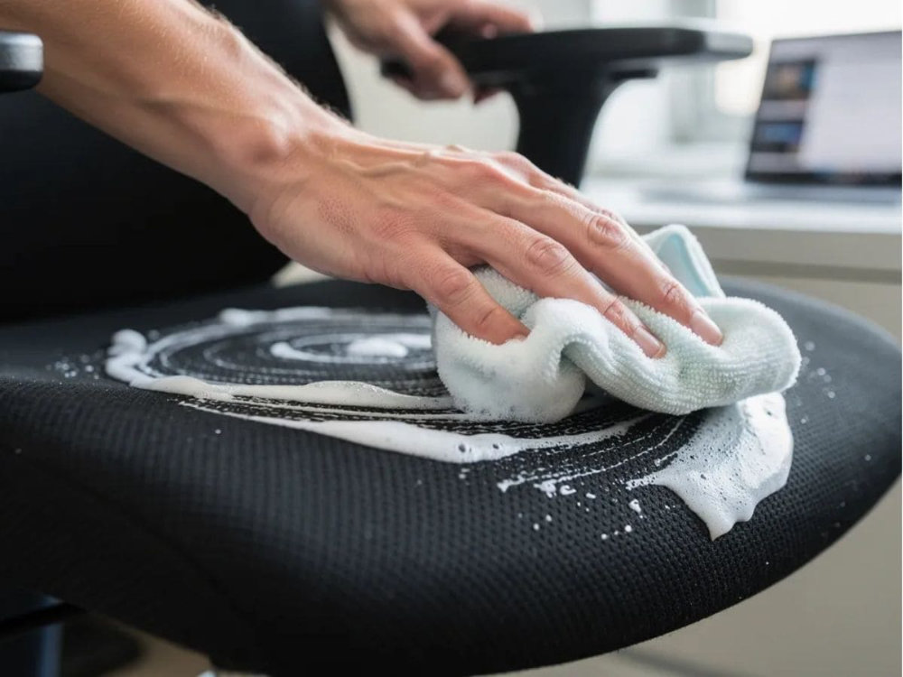 using a clean cloth on a vinyl office chair